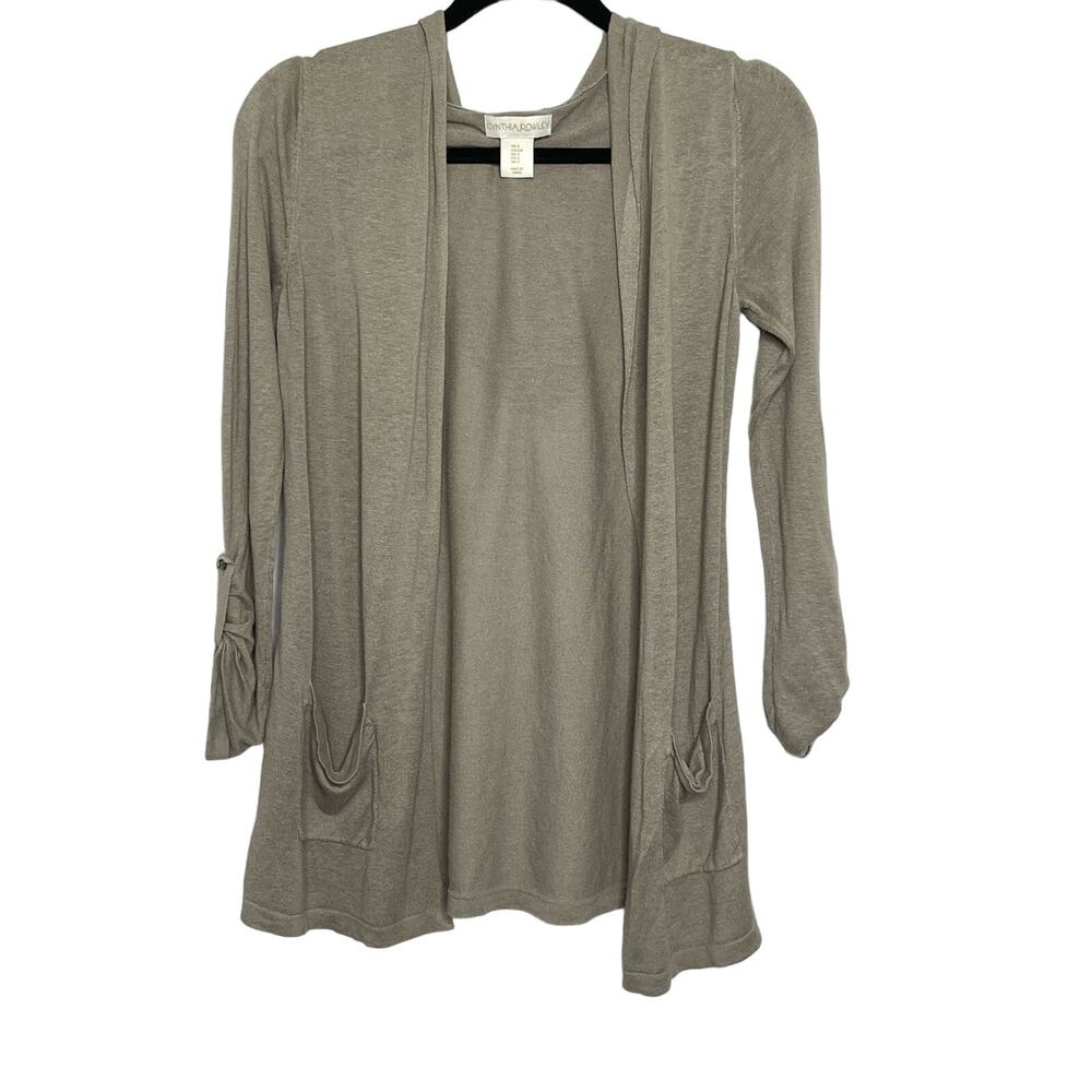 Cynthia Rowley Cardigan Linen Open Front Hooded Roll Tab Long Sleeve Pockets S